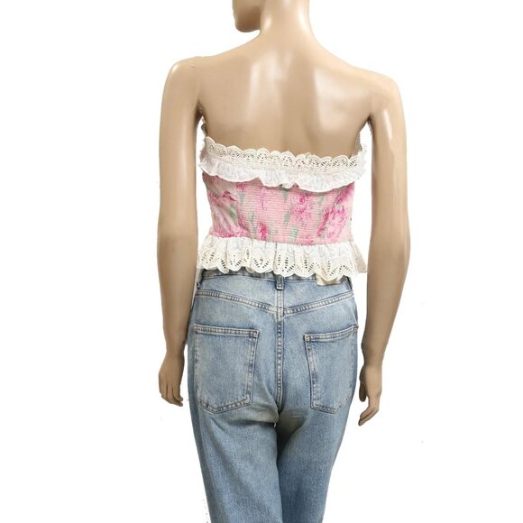 Free People Dolly Tube Cropped Top Floral Printed Smocked Ruched Lace S 283536 - Picture 5 of 7
